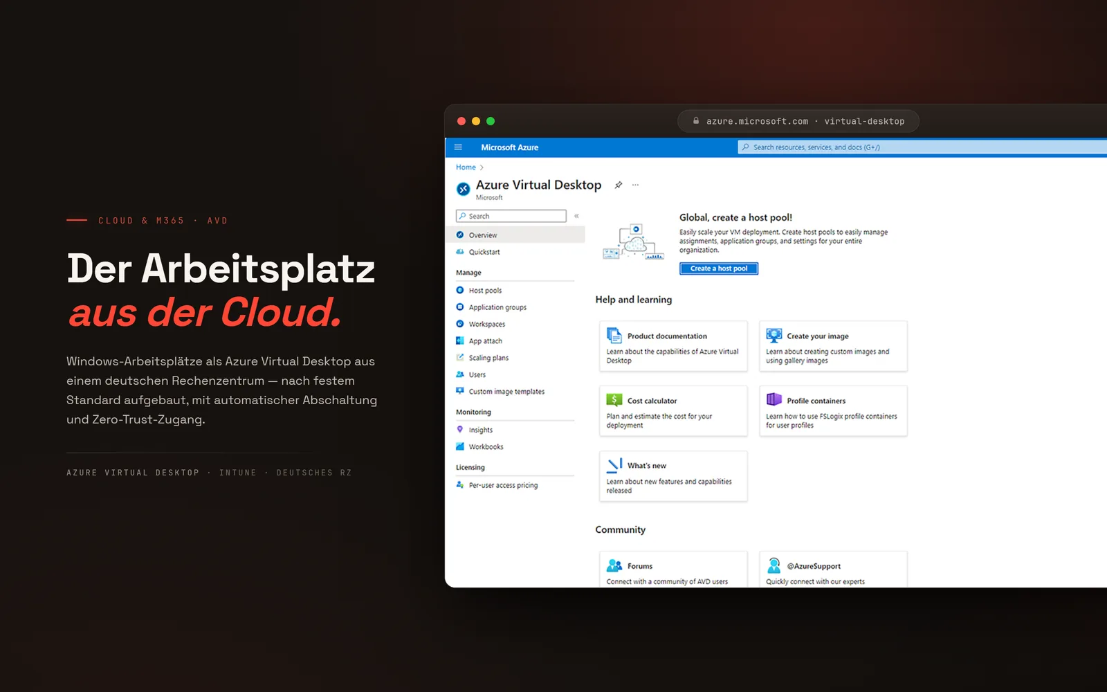 Browserfenster mit der Azure-Virtual-Desktop-Verwaltung im Microsoft-Azure-Portal — Übersicht mit Hostpools, Anwendungsgruppen und Skalierungsplänen für Windows-Arbeitsplätze aus der Cloud