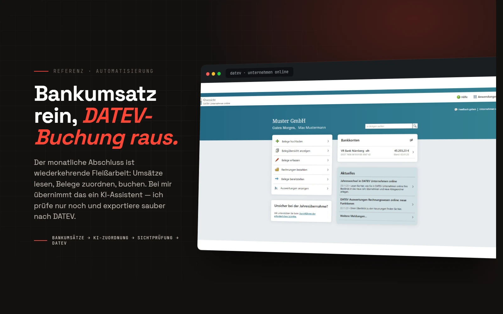 Dark-Hero mit der Oberfläche von DATEV Unternehmen online (Beispieldaten): Belege und Bankumsätze werden erfasst, geprüft und als DATEV-Buchung übergeben