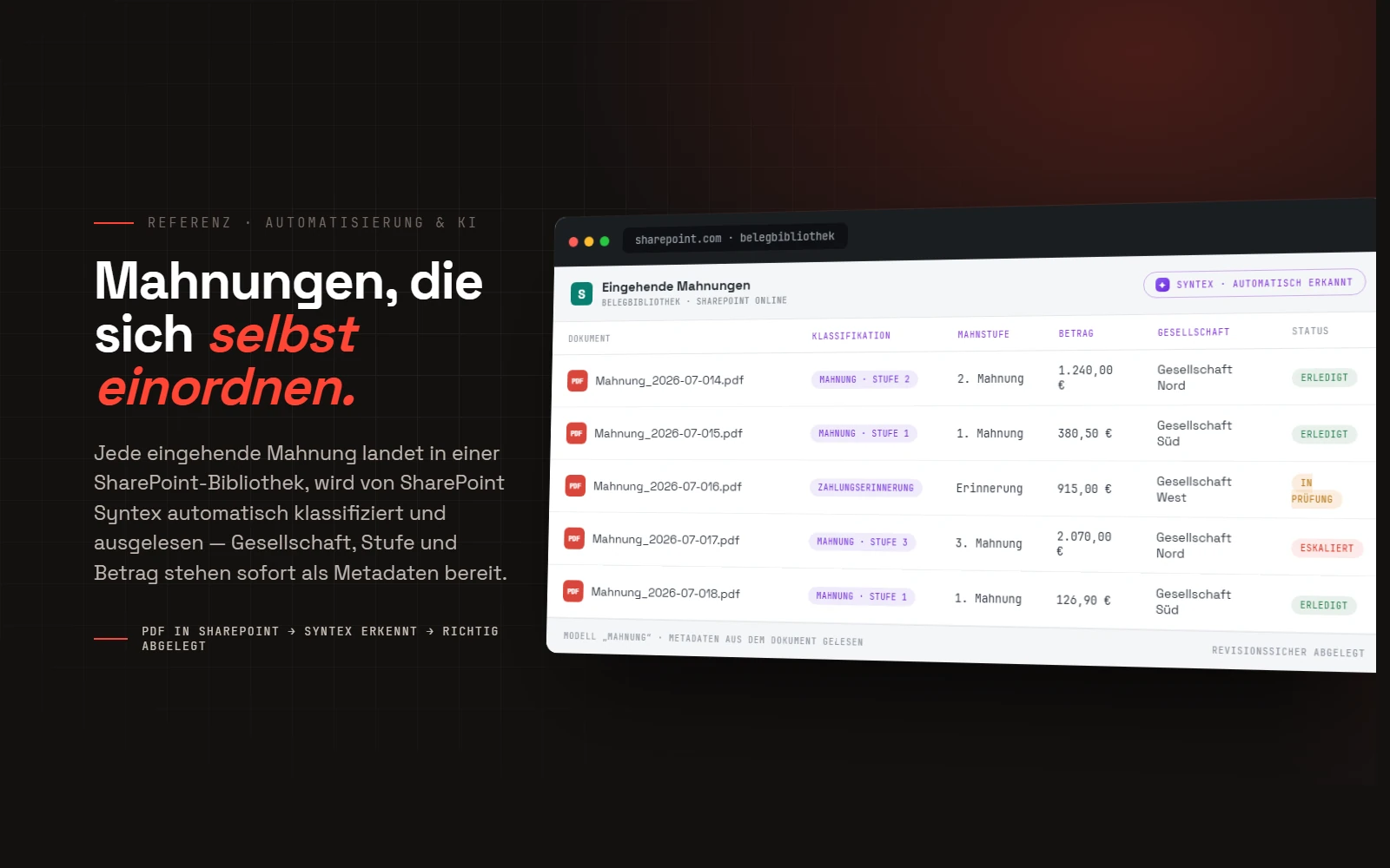 Dark-Hero mit einer SharePoint-Online-Belegbibliothek: eingehende Mahnungen werden von SharePoint Syntex automatisch klassifiziert und ausgelesen — Mahnstufe, Betrag und Gesellschaft als Metadaten-Spalten