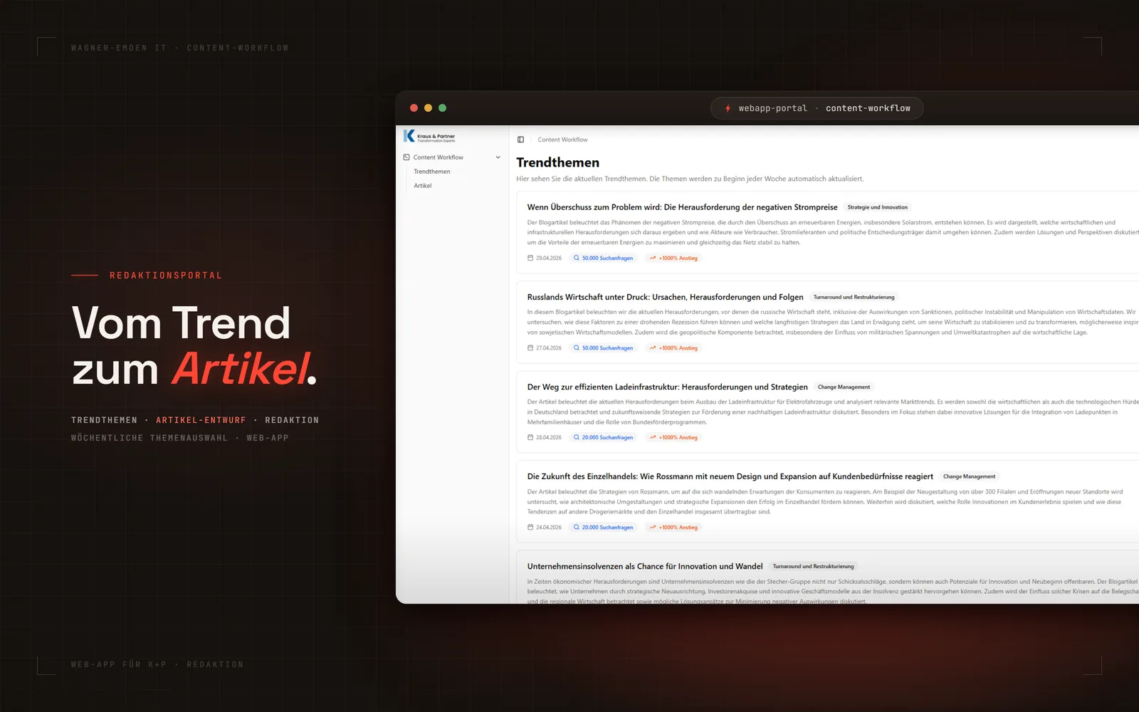 Browser-Fenster mit dem Redaktionsportal auf dunkler Editorial-Canvas — die Trendthemen-Übersicht mit wöchentlich aufbereiteten Wirtschaftsthemen, aus denen sich per Klick Artikel-Entwürfe erzeugen lassen.