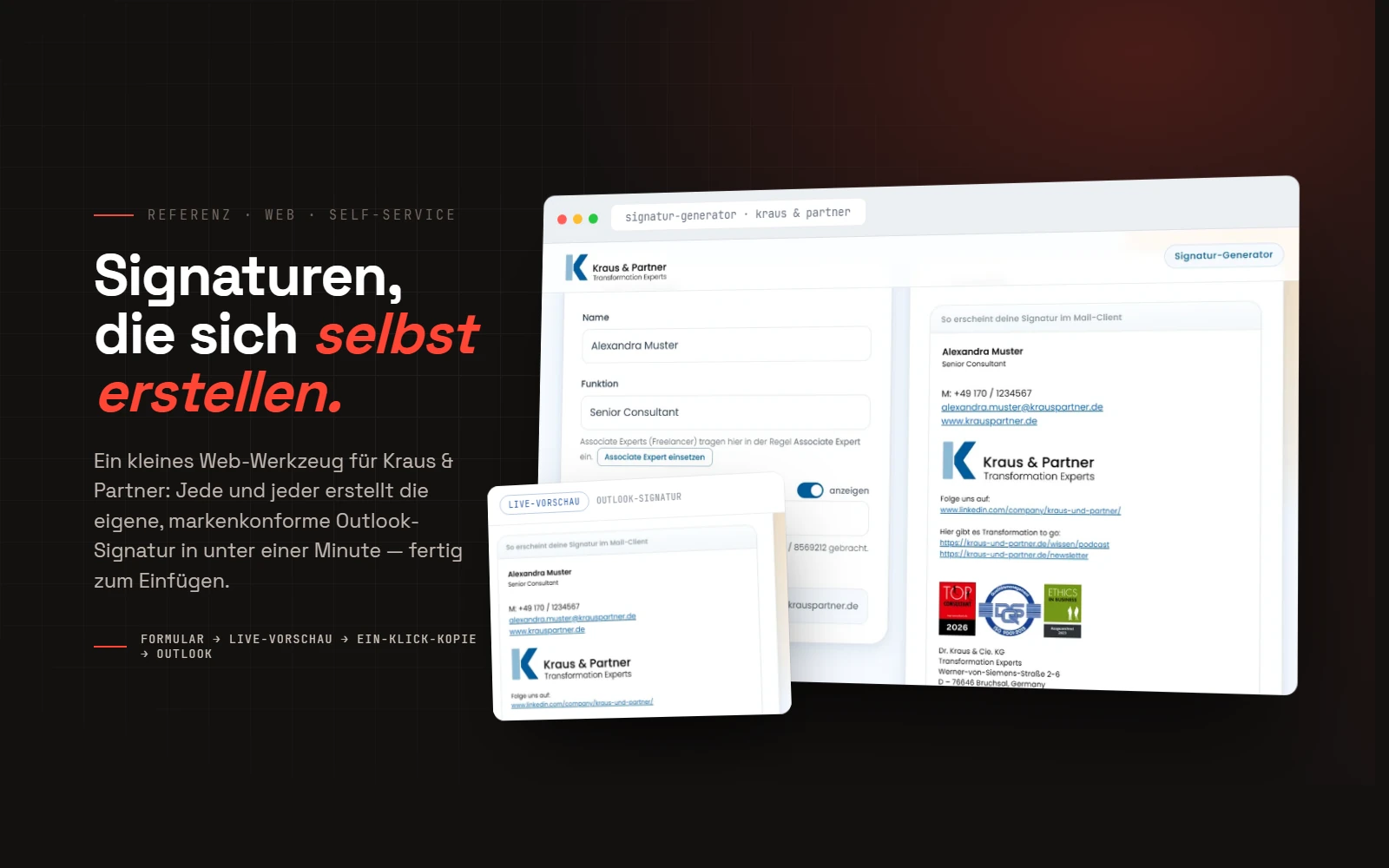 Dark-Hero mit zwei echten Screenshots des K+P-Signatur-Generators: das Web-Werkzeug mit Eingabeformular und Live-Vorschau, davor eine Detailkarte der fertigen, markenkonformen Outlook-Signatur von Kraus & Partner