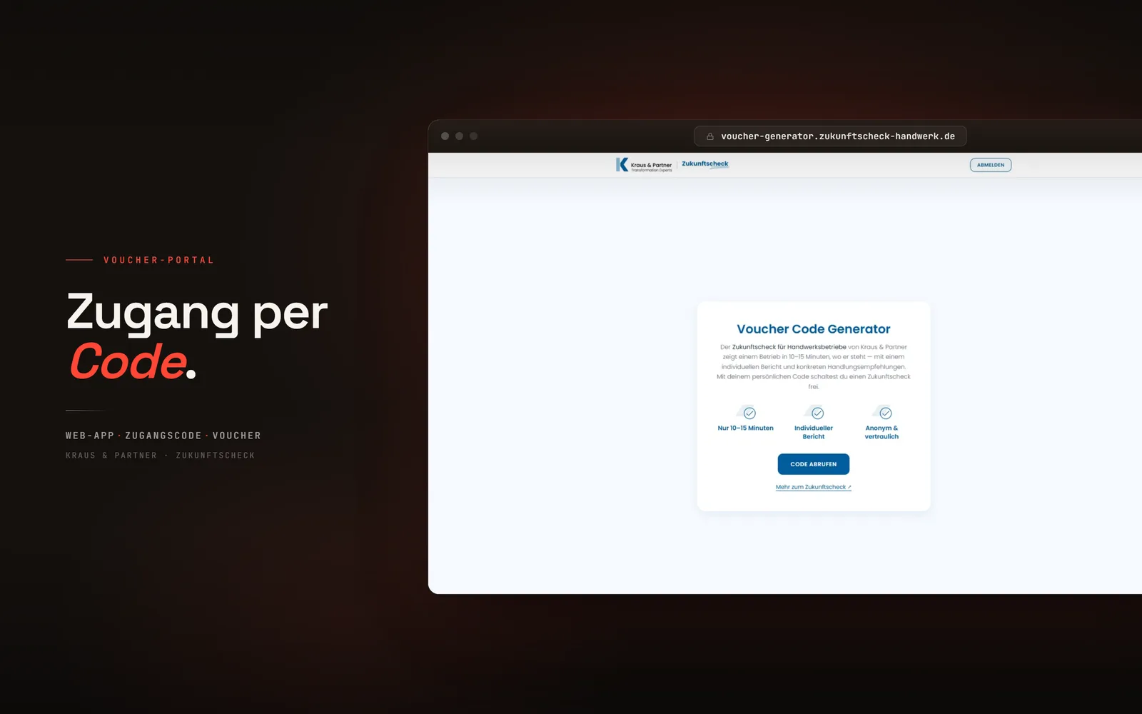 Screenshot der Voucher-Portal-Web-App in einem Browser-Fenster: die Zugangsseite des K+P Zukunftschecks für Handwerksbetriebe mit kurzer Beschreibung und der Schaltfläche „Code abrufen“.