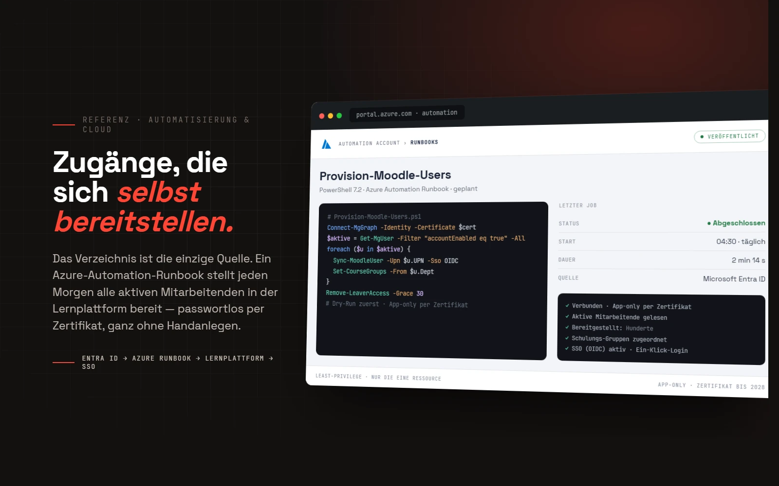 Dark-Hero mit einem Azure-Automation-Runbook im Azure-Portal: das PowerShell-Runbook Provision-Moodle-Users stellt aktive Mitarbeitende aus Microsoft Entra ID in der Moodle-Lernplattform bereit, Job-Status abgeschlossen, mit SSO