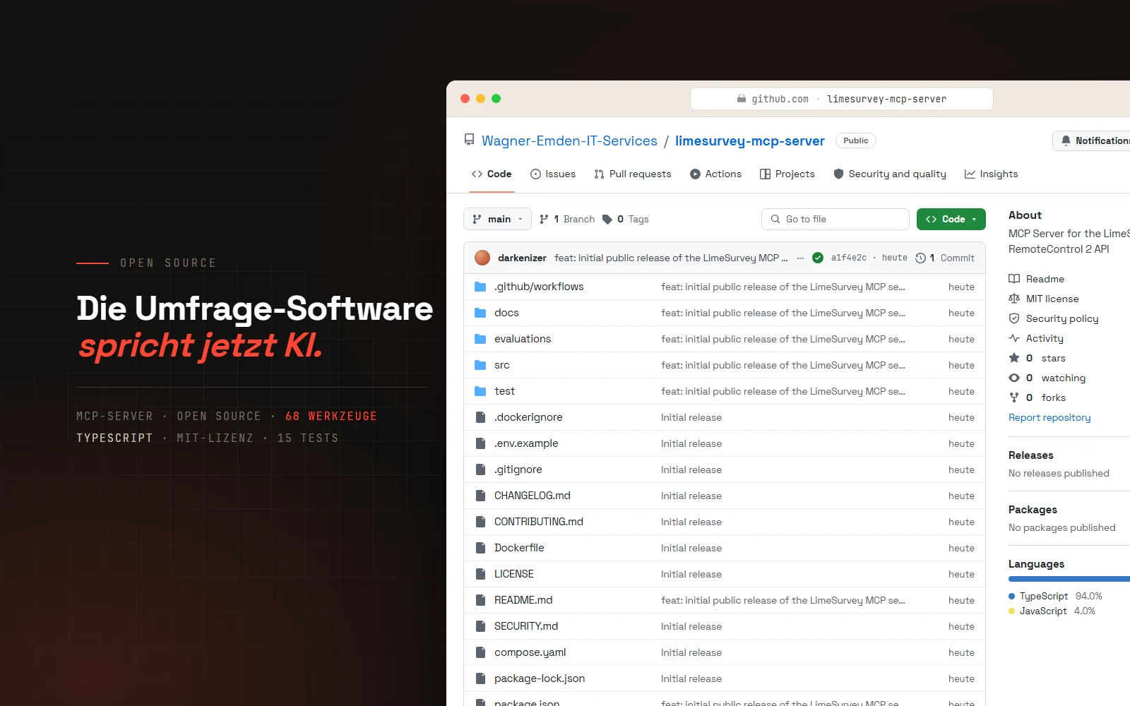 Browserfenster mit der GitHub-Seite des Open-Source-Projekts limesurvey-mcp-server: Repository-Kopf, Dateiliste und Info-Spalte mit der Beschreibung „MCP Server for the LimeSurvey RemoteControl 2 API“