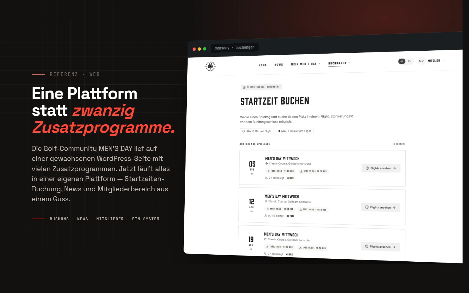 Dark-Hero mit der MEN’S-DAY-Plattform im Browserfenster: Startzeiten-Buchung, News und Mitgliederbereich in einem eigenen System statt vieler WordPress-Zusatzprogramme