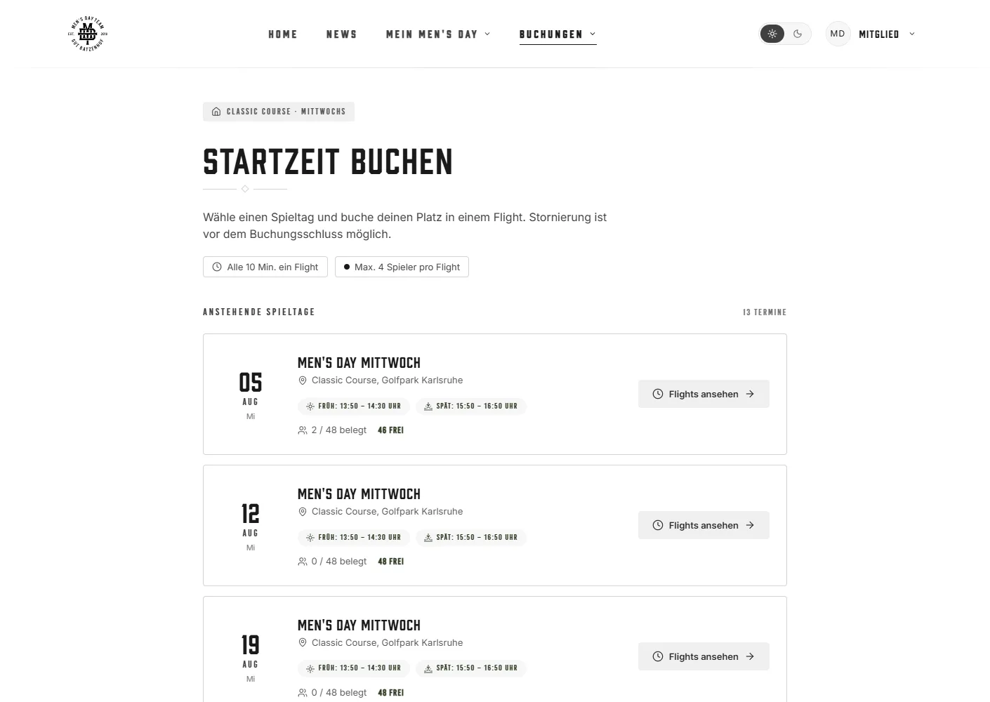 Startzeiten-Buchung: kommende Spieltage mit Flight-Kontingenten und Belegungsanzeige