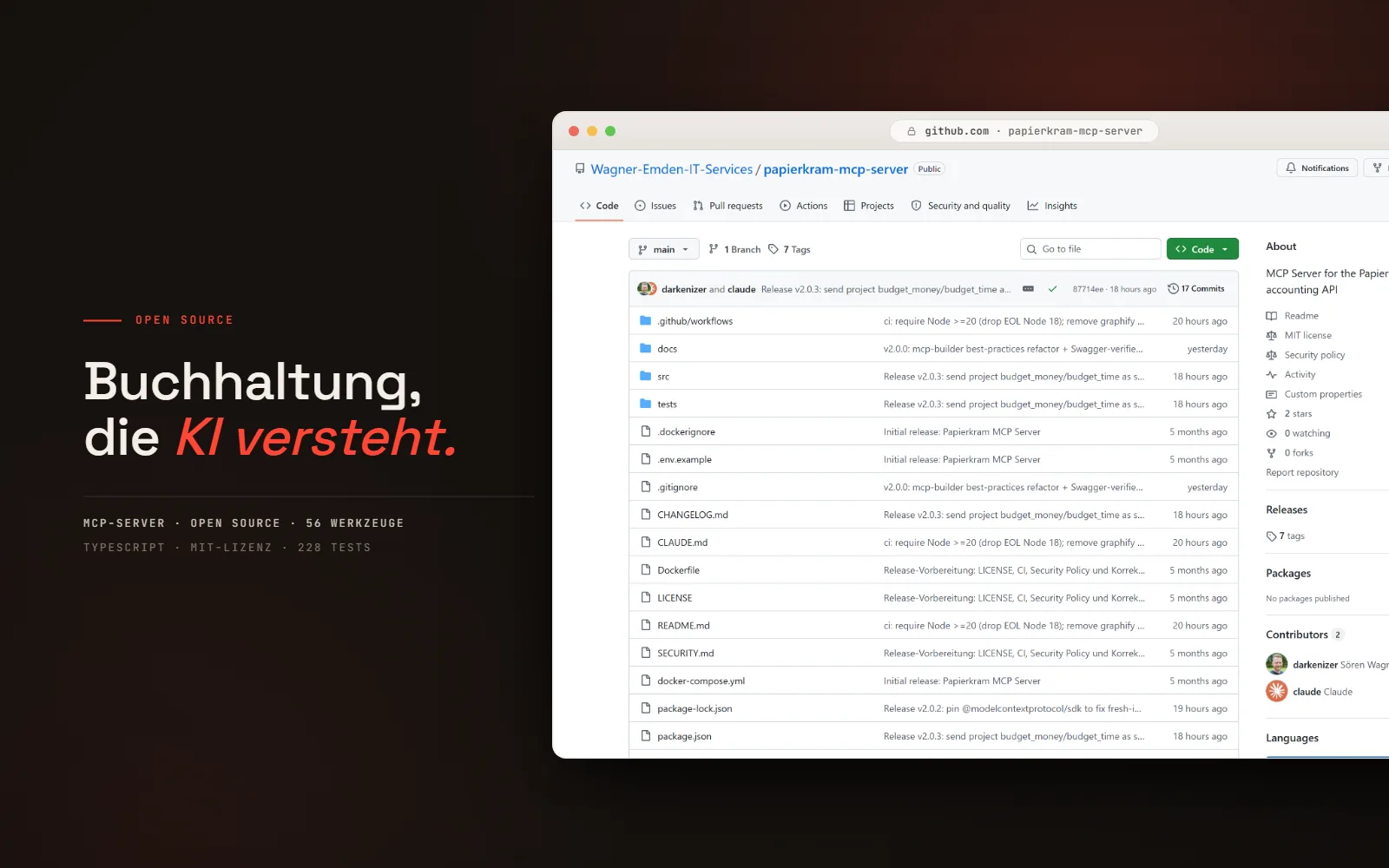 Browserfenster mit der GitHub-Seite des Open-Source-Projekts papierkram-mcp-server: Repository-Kopf, Dateiliste und Info-Spalte mit der Beschreibung „MCP Server for the Papierkram.de accounting API“