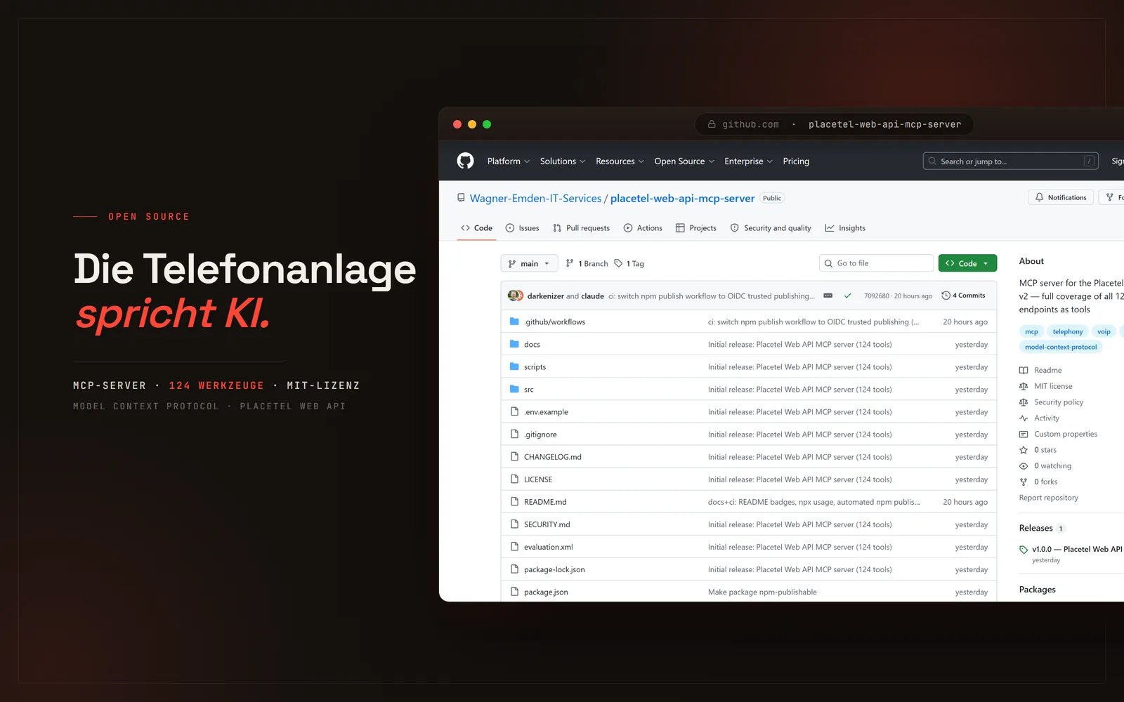 Dunkles Hero-Bild: die GitHub-Repository-Seite des Open-Source-Projekts „placetel-web-api-mcp-server“ in einem Browser-Fenster-Mockup, daneben die Überschrift „Die Telefonanlage spricht KI.“ mit den Kennzeichnungen MCP-Server, 124 Werkzeuge und MIT-Lizenz
