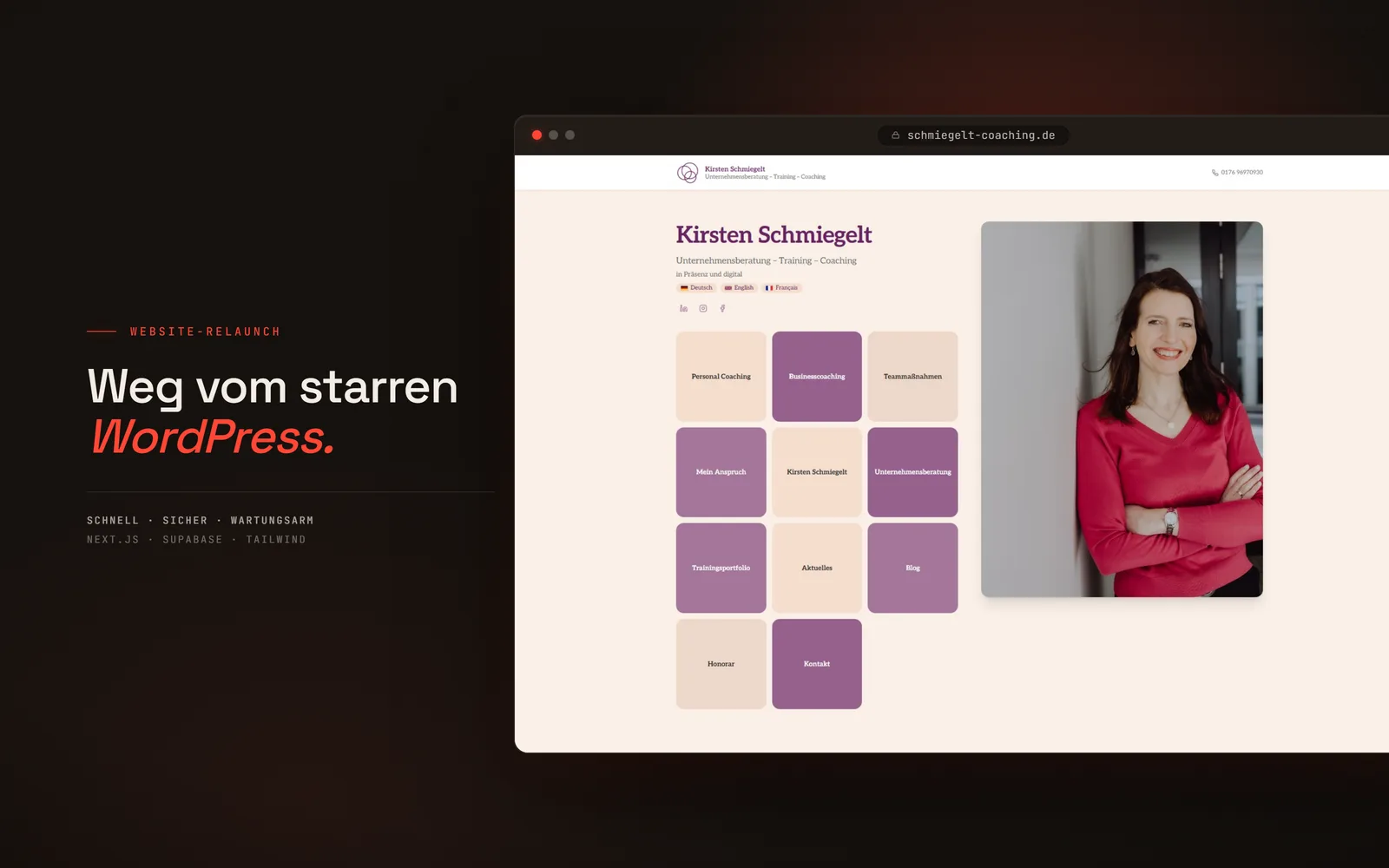 Startseite von schmiegelt-coaching.de nach dem Relaunch, als Screenshot in einem Browserfenster auf dunkler Fläche