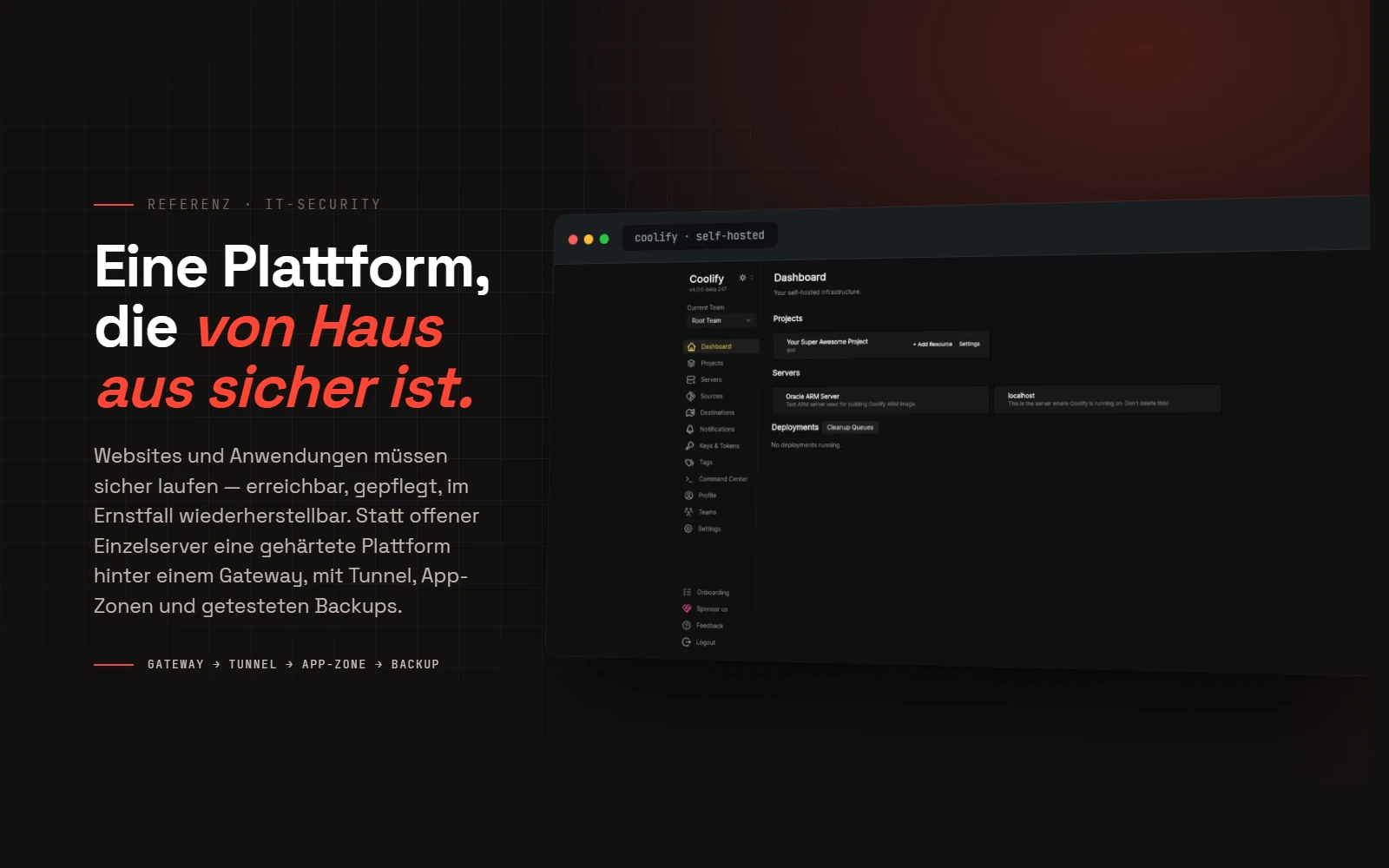 Dark-Hero mit einem Coolify-Dashboard im Browserfenster: zentrale Verwaltung der selbst-gehosteten Server und Deployments hinter einem gehärteten Gateway