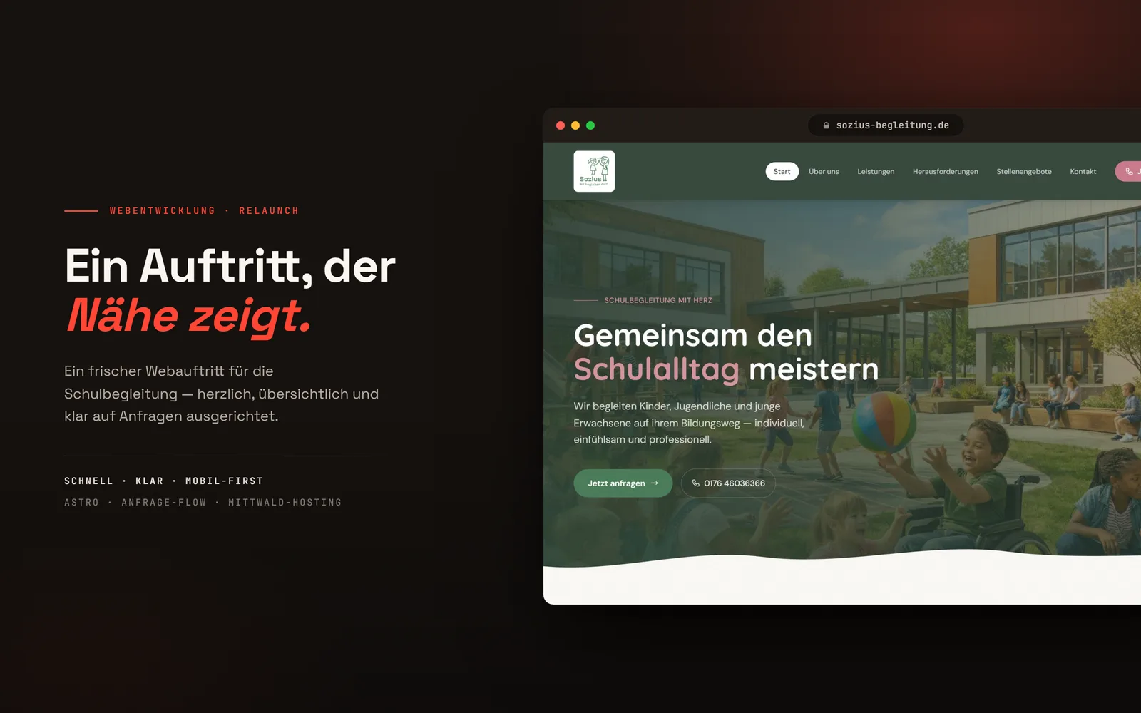 Startseite von sozius-begleitung.de nach dem Relaunch, als Screenshot in einem Browserfenster auf dunkler Fläche — warmes grünes Design mit der Überschrift „Gemeinsam den Schulalltag meistern“ und einem Foto spielender Kinder.