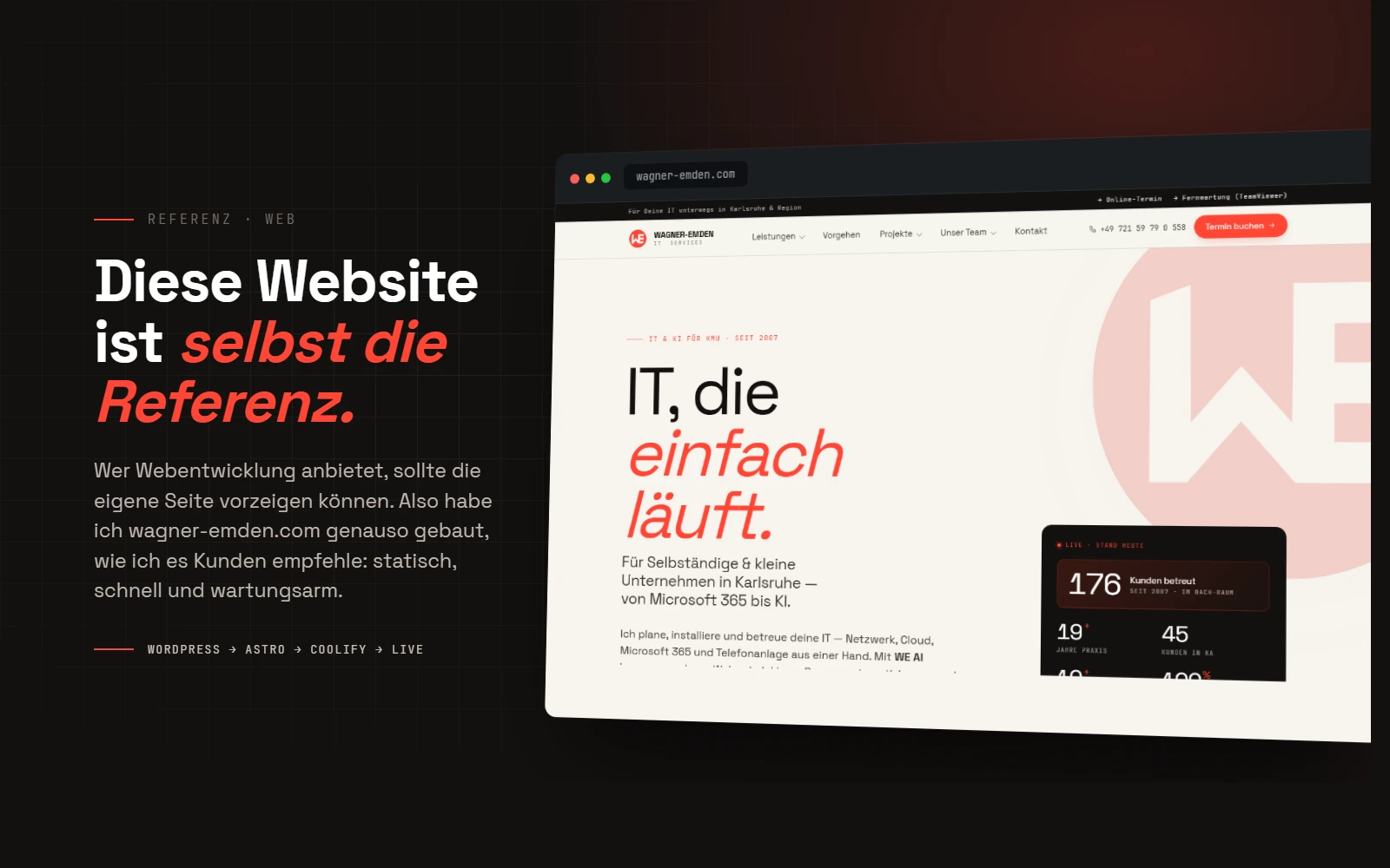 Dark-Hero mit einem Screenshot von wagner-emden.com im Browserfenster — die eigene Astro-Website als lebende Referenz